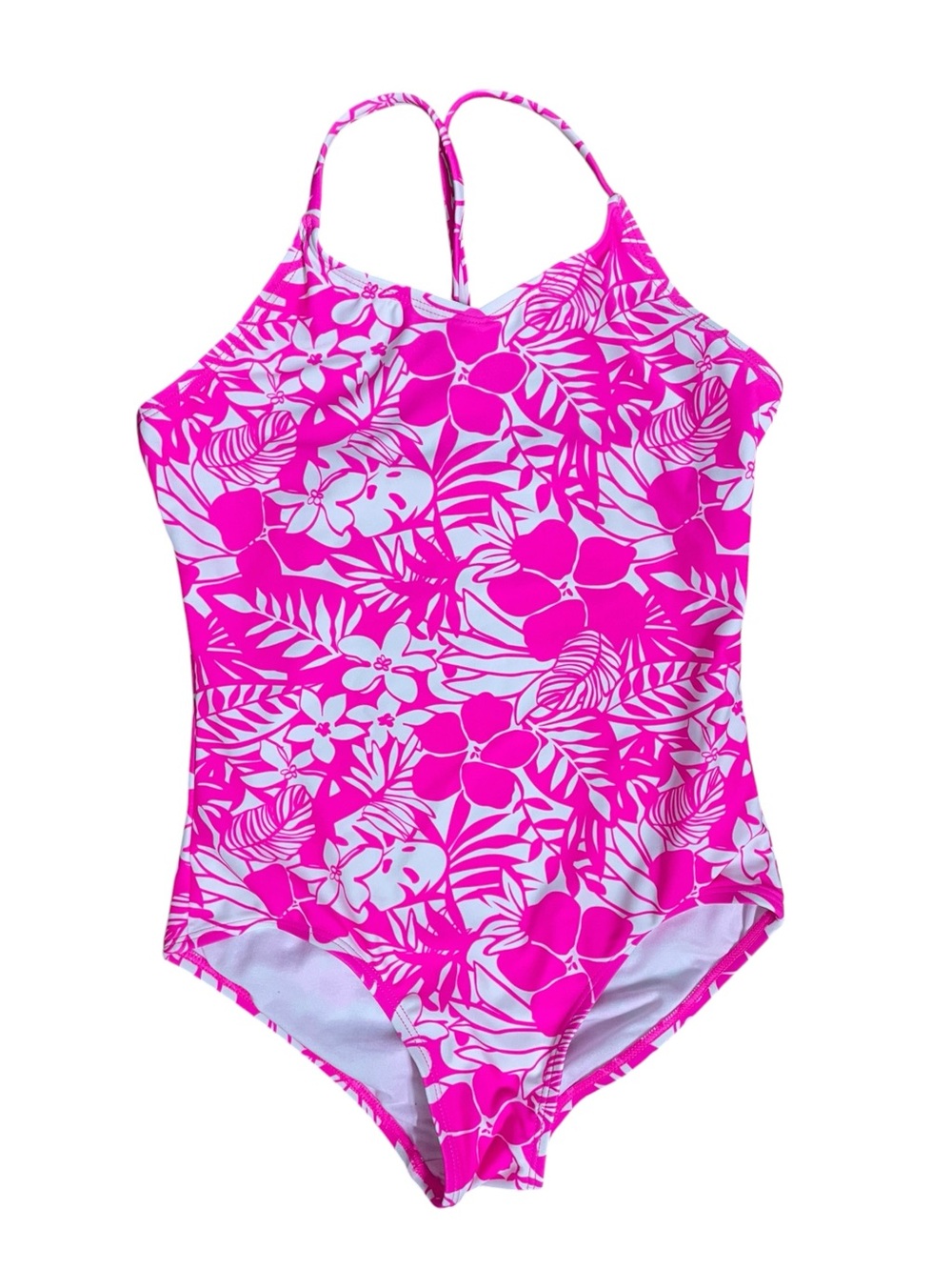 Kami Girls Pink White Tropical Floral One Piece Swimsuit Bathing Suit Size 14